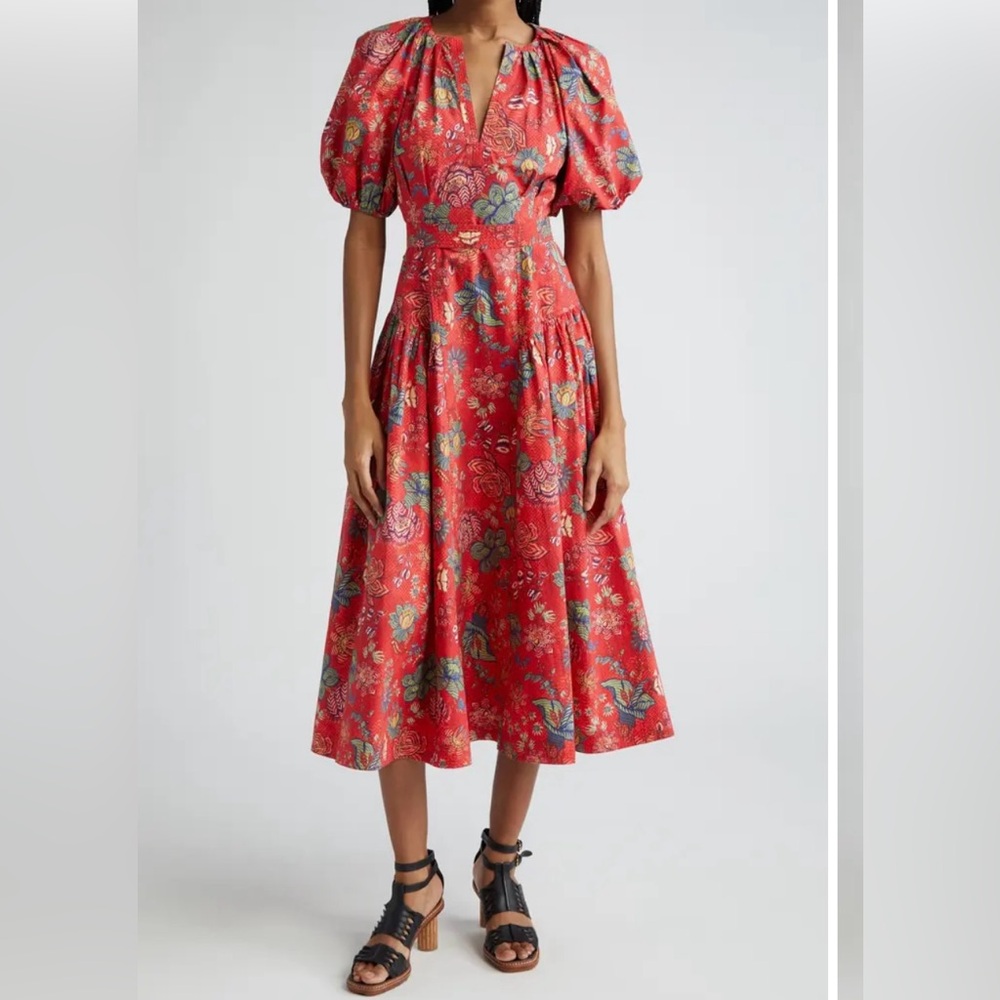 Ulla Johnson Carina Print Puff Sleeved Midi Dress in Hibiscus. Size 14.